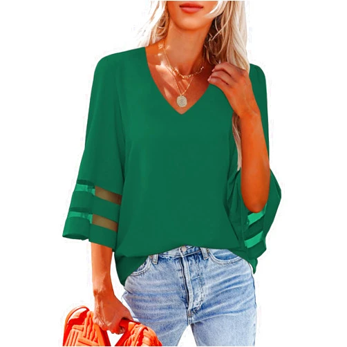 LookbookStore Women's V Neck Mesh Panel Blouse 3/4 Bell Sleeve Loose Top Shirt