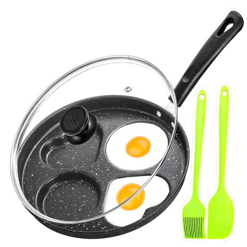 Hiceeden Nonstick Egg Frying Pan with Lid, 4-Cup Egg Pan Fried Egg Cooker, Round Pancake Pan with Brush and Spatula for Breakfast, Gas Stove & Induction Compatible