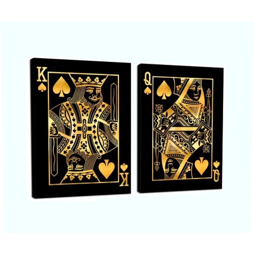 HJL Art Poker Canvas Painting Wall Art Posters Pictures and Prints Golden Queen King Poker Modern Framed Artwork for Living Room Bedroom Bathroom Home Decorations Gifts Ready to Hang(20''W x 28''H x2)