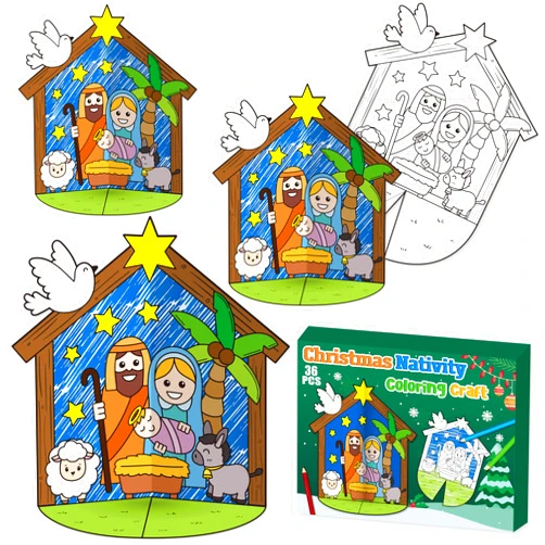 CY2SIDE Christmas Nativity Coloring Craft - 36PCS Color Your Own Xmas Nativity 3D House Craft Kit Make Your Own Color Jesus Birth Scene Craft DIY Christian Xmas Gift Craft for Kids School Project