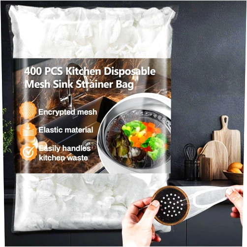 RAINFLOW 400 PCS Disposable Kitchen Mesh Sink Strainer Bag - Kitchen Sink Food Catcher Mesh Bag Elastic Net Drain Hair Catcher Strainer Bags for Drain Anti-Clogging Collecting Food Waste (4 x 4 Inch)