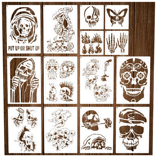 Boqon 14 Pieces Skull Stencils Reusable, Scary Skeleton Stencils Fire Template Skull Flame Stencils Stencils for Painting on Wood, Wall, Canvas, Scrapbook Decorations DIY Craft Projects (14 Skull)