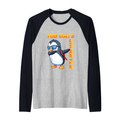 Happy 100th Day of School Gift Cute 100 Days Smarter Funny Dabbing Penguin Happy 100th Day Raglan Baseball Tee