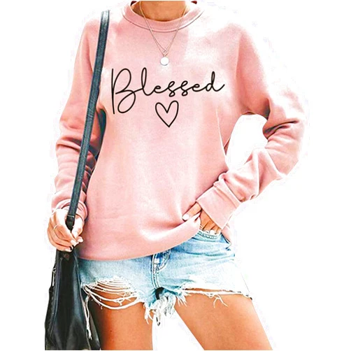 UNIQUEONE Blessed Sweatshirt for Women Letter Print Lightweight Thanksgiving Pullover Tops Blouse