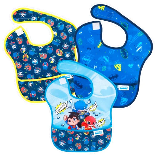 Bumkins Bibs for Girl or Boy, SuperBib Baby and Toddler 6-24 Months, Essential Must Have for Eating, Feeding, Baby Led Weaning Supplies, Mess Saving Catch Food, Fabric, 3-pk DC Comics Super Friends