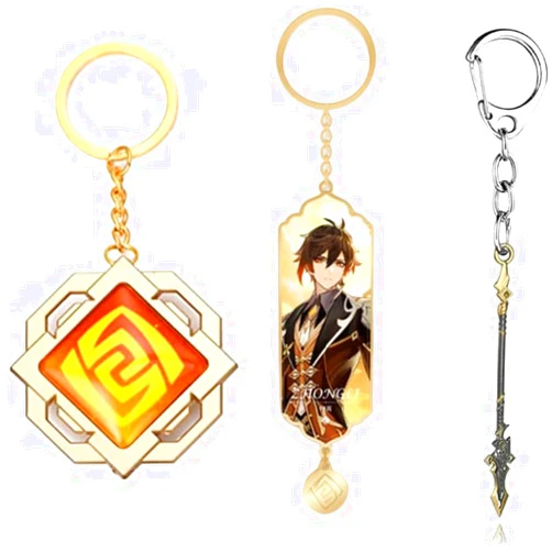 CROFFXLY 3PCS Genshin Key Chain Toy Impact Liyue Vision Geo Luminous Zhongli Genshin Weapons Cosplay Accessories FT129, Silver, M