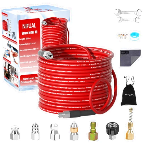 YETIANICAL NIFUAL Sewer Jetter Kit for Pressure Washer,50FT 5800PSI Pressure Drain Cleaner 1/4 Inch NPT Corner Rotating and Button Hose Sewer Jetting Nozzle for Homeowners & DIYers (50FT)