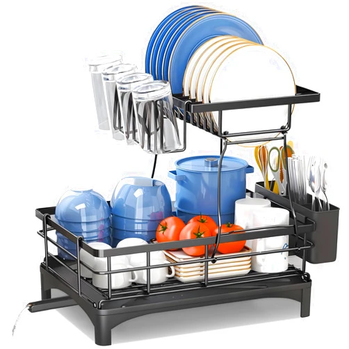Jkdream Dish Drying Rack, 2 Tier Dish Racks for Kitchen Counter, Large Stainless Steel Kitchen Dish Drying Rack,Detachable Large Capacity Dish Drainer Organizer with Utensil Holder, Drain Board,Black