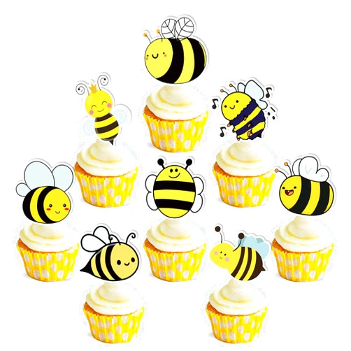 Lonkisyl 50 Pcs Bumble Bee Cupcake Toppers Bee Cake Decoration Bumble Bee Themed Sticker (2 in 1) Gender Reveal Baby Shower Happy Birthday Party Supplies