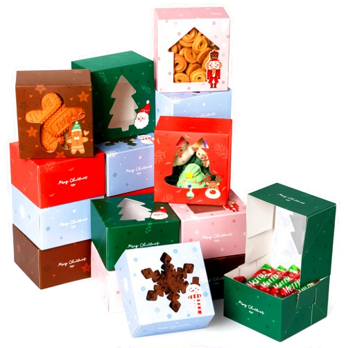 Fit Meal Prep 25 Pack 4x4x2.5Inch Christmas Cookie Boxes for Gift Giving Small 5 Design Exchange with Window Packaging for Desserts, Pastry, Auto-Popup Holiday Treat