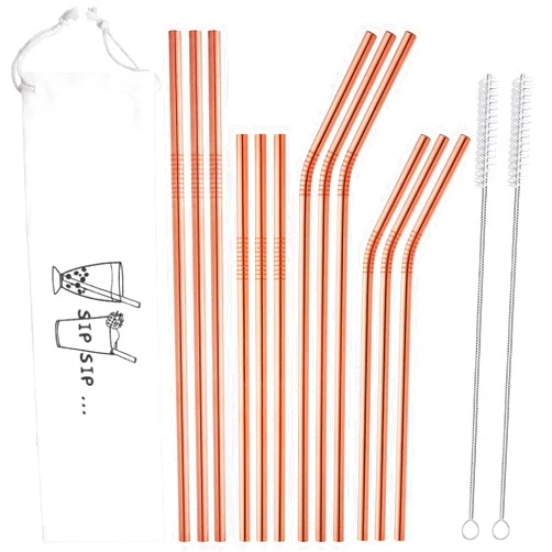 Hiware 12-Pack Rose Gold Metal Straws Reusable with Case - Stainless Steel Drinking Straws for 30oz and 20oz Tumblers Yeti Dishwasher Safe, 2 Brushes Included