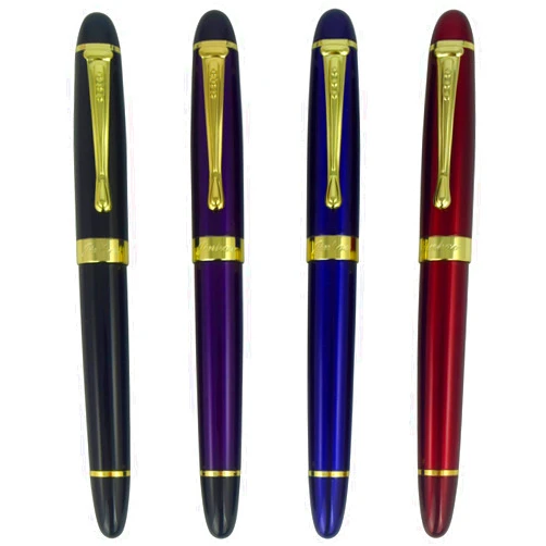 BALDHEADSALLY 4 PCS Jinhao X450 Fountain Pen Set, 4 Colors (Black, Blue, Red, Purple), Medium Nib With Ink Converter, Silver Trim, Pen Case