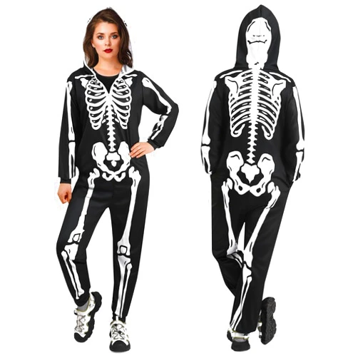 Waipfaru Halloween Skeleton Costume Women-Skeleton Onesie Adult -Front and Back Bone Print with Zip Up Hooded