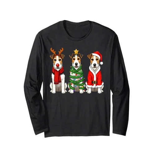 Funny Vintage Xmas Wire Hair Fox Terrier Christmas Retro Christmas Fox Terrier Santa Reindeer Dog Lover Long Sleeve T-Shirt