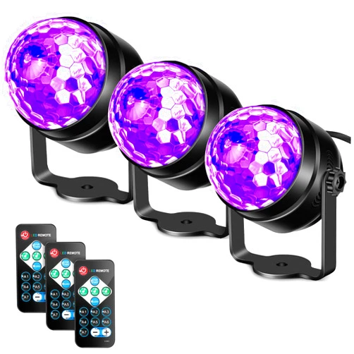 Litake UV Black Lights for Glow Party, 6W LED Disco Ball Strobe Lights for Dark Party Supplies, Sound Activated with Remote Control, Dj Light for Halloween Xmas Birthday Party Home Decorations, 3 Pack