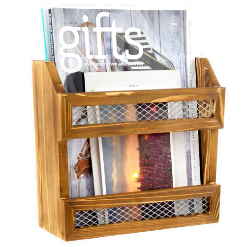 MyGift Rustic Burnt Solid Wood Magazine Holder with Decorative Chicken Wire Rail, Wall Mountable Storage Organizer Rack for Upright Display of Magazines