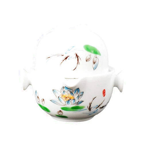 BSS shop Portable Handmade Ceramic Kung Fu Tea Set—Lotus （Oil paint）