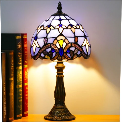 SYETL Small Tiffany Lamp Stained Glass Desk Lamp Vintage Tiffany Bedside Table Lamp for Home Living Room Bedroom Nightstand 8X15 Inch (Blue Baroque Style)