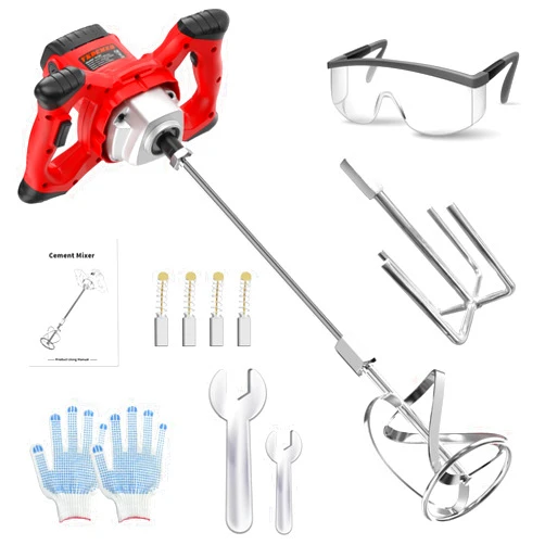 Vkdemer Electric Handheld Cement Mixer, 2pcs Mixing Heads Included, Portable Mortar Mixer with 6 Adjustable Speed, 110V Mud Mixer for Mixing Plaster,Cement, Paint, Fodder