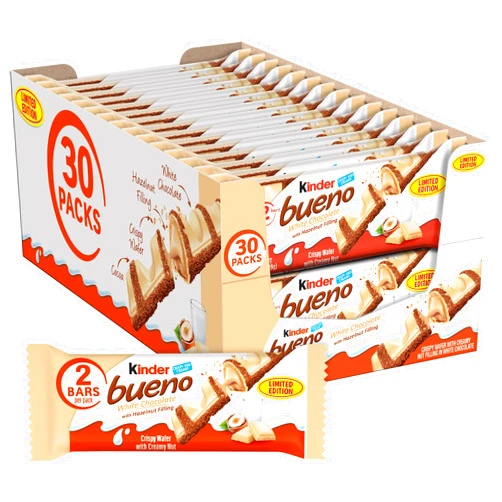 Kinder Bueno White Chocolate and Hazelnut Cream Candy Bar, 2 Individually Wrapped 1.4 oz each, 30 Pack - Limited Edition