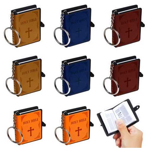 Liobelon 8 Pieces Holy Bible Book Leather Keychain Mini English Bible Key Chain Believer Keyring