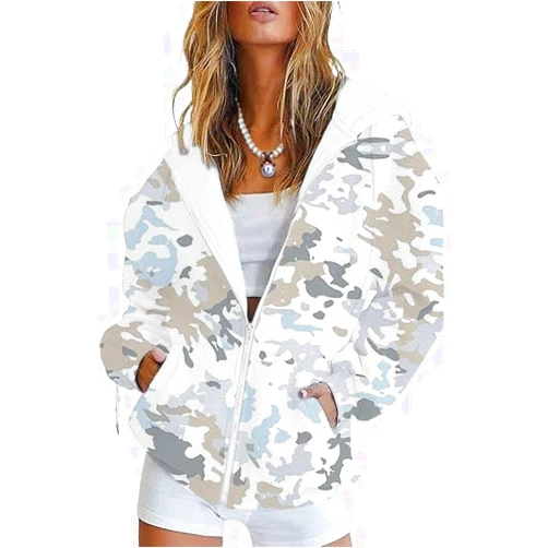 ZOCAVIA Women's Western Camo Hoodies Fall Casual Maple Leaf Graphic Hooded Sweatshirts Full Zipper Long Sleeve Jackets Coats