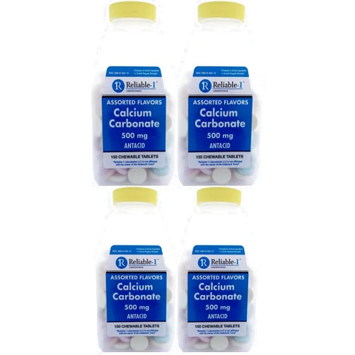 Reliable-1 Laboratories Calcium 500 mg Generic for Tums Assorted Fruit Flavored Chewable Tablets Regular Strength Antacid for Acid Indigestion, Heartburn, Sour Stomach 150 Chewable Tablets per Bottle Pack of 4