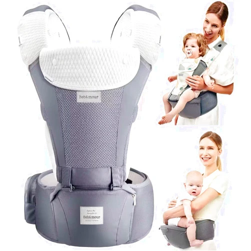 Bebear Bebamour Baby Carrier Newborn to Toddler-2 in 1 Hip Seat & Carrier Front and Back Carry with Head Hood & 3 Pieces Teething Pads& Waist Extenders & Storage Bag 0-36 Months (New Grey)