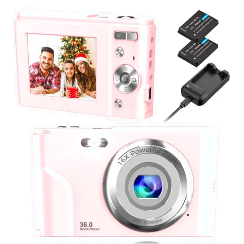 Nezini Digital Camera, NEZINI 2 Charging Mode Mini Kids Camera, Full HD 1080P 36MP 2.4 Inch LCD Vlogging Camera for kids, 16X Zoom Compact Pocket Camera Point and Shoot Camera for Kids Beginners (Pink)