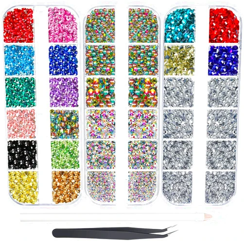 WILLBOND 9000 Pieces Hotfix Rhinestone 12 Colors 5 Sizes AB Flatback Round Glass Crystal Gem Iron On Rhinestone Glass Rhinestone with Tweezers, Picking Pen for DIY Crafts Manicure, Nail Art Clothes Bag
