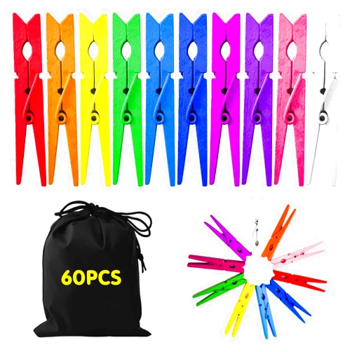 Toekt 60PCS Colored Clothespins, 2.9inch Wooden Clothes Pins, Multi-Purpose Colorful Clothing Pins, Decorative Crafts Pegs Photos Pictures Decoration Clip Clothing Hanging Closepins (Rainbow)
