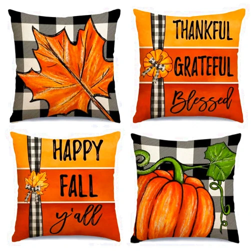 ARGOOFG Fall Pillow Covers 18 x 18 Inch Set of 4 Pumpkin Decorative Throw Pillows Buffalo Check Maple Leaves Decor Outdoor Pillow Cases for Home Couch