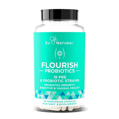 Eu Natural Flourish Probiotics + Prebiotics for Women – Gut and Digestion, Urinary Tract, Reduce Bloating, Vaginal Health – 18 Clinically Proven Strains, 14 Billion CFU – 30 Shelf-Stable Mini Vegan Capsules
