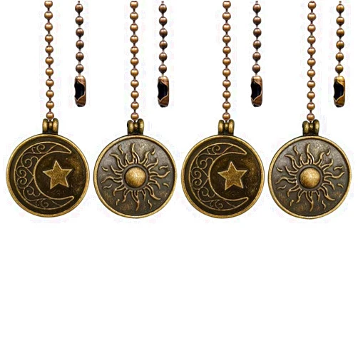 Dotlite Copper Ceiling Fan Pull Chain Set, Decorative Totem Fan Pull Chain Pendant Extension, 12 Inches Lighting & Fan Beaded Ball Chain Extender Ornament with Connector, Moon and Sun (4Pack)