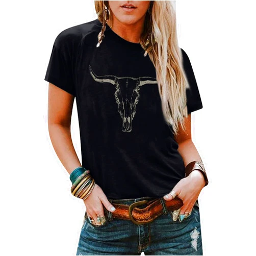 UNIQUEONE Boho Cow Skull Shirt Women Cowgirl t Shirt Vintage Western Rodeo Graphic Tee Short Sleeve Bull Skull Casual Top