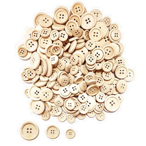 Juland 200 PCS Mixed Wooden Buttons in Bulk Round Decorative Wood Buttons 4 Holes for Crafts Scrapbooking or Sewing and DIY Craft - 15, 20, 25mm