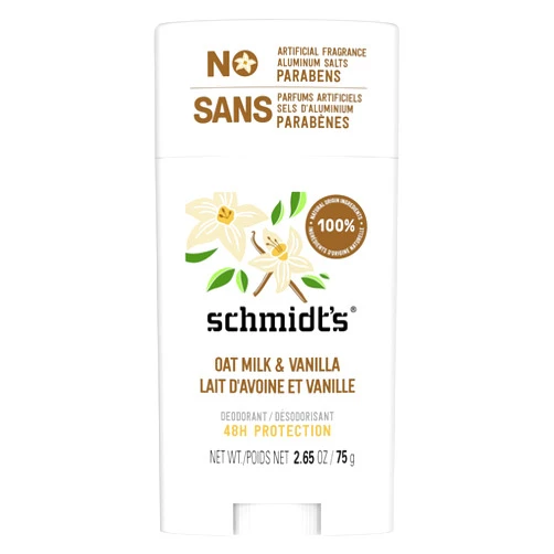 Schmidt's Aluminum-Free Vegan Deodorant Vanilla & Oat Milk with 24 Hour Odor Protection, for Women and Men, Natural Ingredients, Cruelty-Free, 2.65 oz