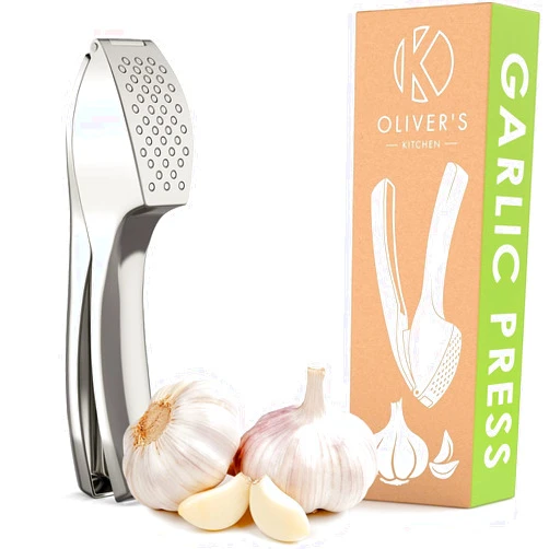 Oliver's Kitchen ® Premium Garlic Press - Super Easy to Use & Clean Garlic Crusher & Mincer - Crush Garlic & Ginger Effortlessly (No Need to Peel) - Built for Life - Strong & Durable (Silver)