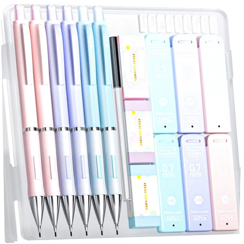 Four Candies Pastel Mechanical Pencil Set - 6PCS 0.5 mm & 0.7mm Pencils with 360PCS HB #2 Lead Refills, 3PCS Erasers and 9PCS Eraser Refills, Cute School Supplies Stuff for Student Writing Drawing
