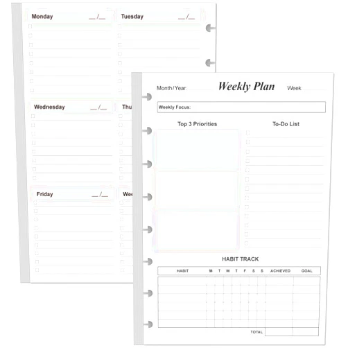 Yaridar Weekly Planner Undated Refills - Junior Size 53 Sheets/106 Pages Colorful Weekly Planner for 8-Disc Discbound, 100 gsm White Paper, Lasts 1 Year, Undated, 5.8