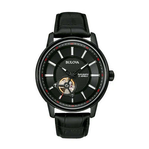 Bulova Men's Automatic Leather Watch, 21 Jewels, Hack Feature, Luminous Hands/Markers, Open Aperture, 45mm