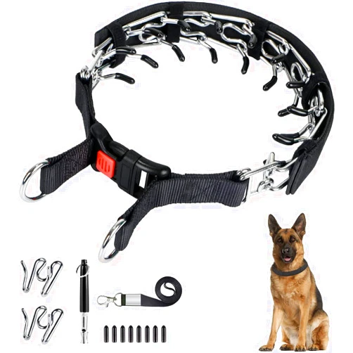 Hanbramo Dog Prong Traing Collar, Choke Pinch Collar for Dogs [2 Extra Links][Dog Whistle][Cover] with Snap Buckle and Rubber Caps, No Pull Dog Collar for Medium Large Breed Dogs [Medium]