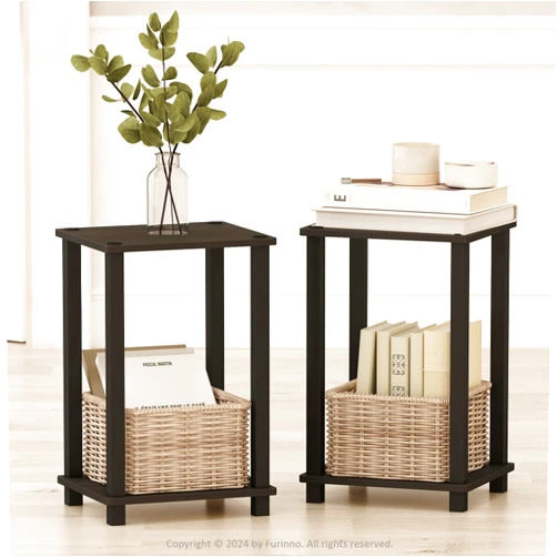 Furinno Simplistic Compact Bedside Table, Nightstand, Espresso/Black, Set of 2