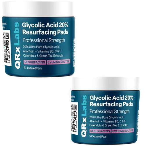 QRxLabs Glycolic Acid Pads - 20% Resurfacing Pads AHA for Face & Body - Exfoliates Skin Surface and Reduces Appearance of Fine Lines and Wrinkles - Acne Treatment Clearing - Daily Pads - 50ct 2PK