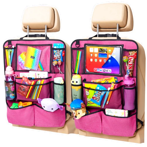 Helteko Backseat Car Organizer, Kick Mats Back Seat Protector with Touch Screen Tablet Holder, Back Seat Organizer for Kids with 9 Storage Pockets, Travel Accessories (2 Pack, Deep Pink)