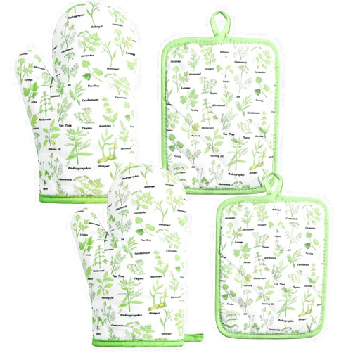Cunhill 4 Pcs Oven Mitts and Pot Holders Set Sage Green High Heat Resistant 300 Degree Heat Spring Kitchen Cotton Oven Glove with Hanging Loops for Baking Cooking BBQ