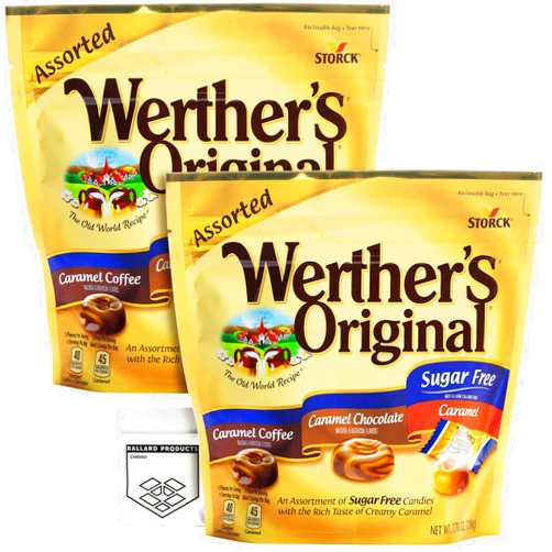 Ballard Products Werther's Original Sugar Free Assorted Candy Pack of 2 Bags of Hard Candy (7.7oz Each) - 3 Flavors: Coffee, Chocolate, Caramel - Bundle with Ballard Products Pocket Bag