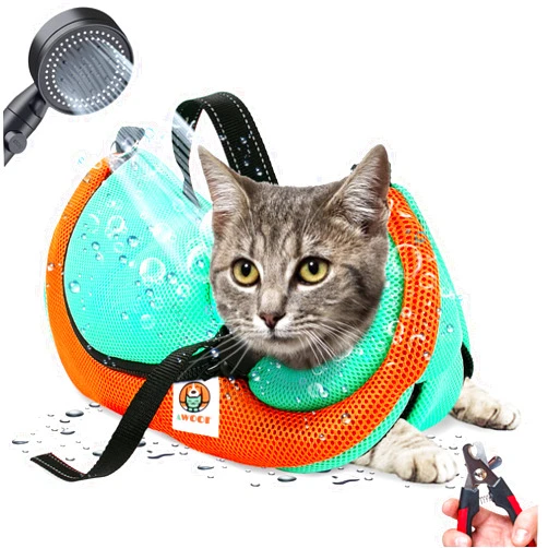 AWOOF Cat Grooming Bag Adjustable Cat Bathing Bag Anti Scratch Bite Restraint Bag Cat Sling Bag Durable Mesh Cat Shower Bag for Small Medium Large Cats Nail Trimming Ear Cleaning Medicine Taking