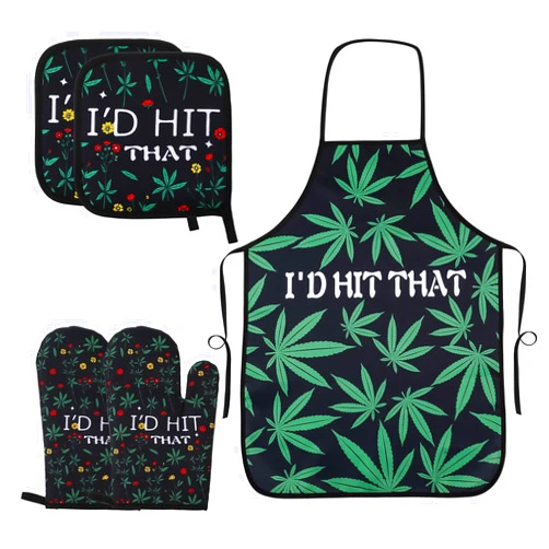 Reallnaive 3 Pcs Marijuana Weed Gift Include Weed Kitchen Apron Green Leaf Oven Mitt and Safe Mats for Novelty Kitchen Accessories Jamaica Hemp Favors Cooking BBQ Baking Grilling
