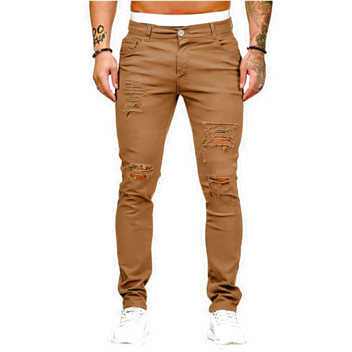 HUNGSON Men's Blue Slim Fit Jeans Stretch Destroyed Ripped Skinny Jeans Side Striped Denim Pants